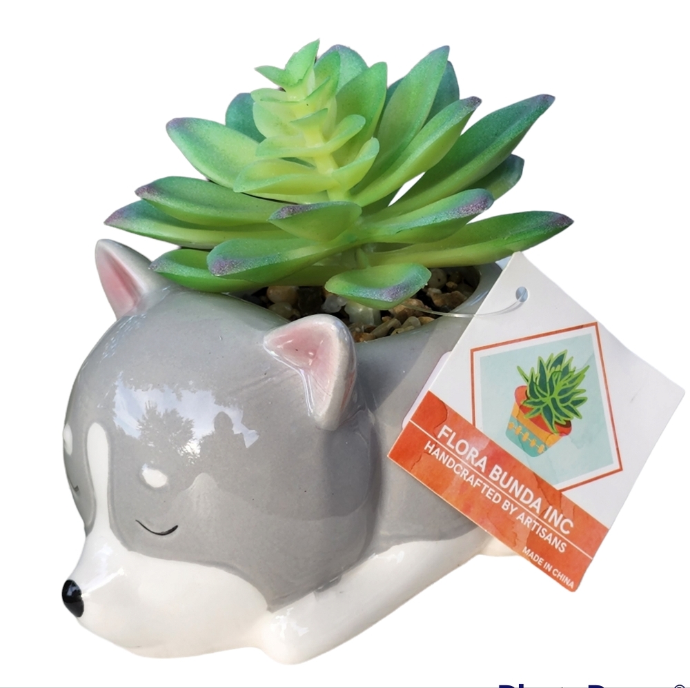 Flora Bunda Gray Puppy Ceramic Planter With Artificial Succulent Flower - Picture 10 of 10